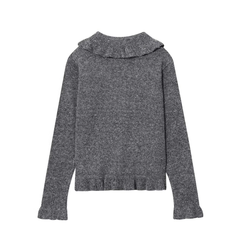 Women Peter Pan Collar Knit Cardigan Elegant Ruffle Cuff Hem Single Breasted Button Down Long Sleeve Grey Sweater Top