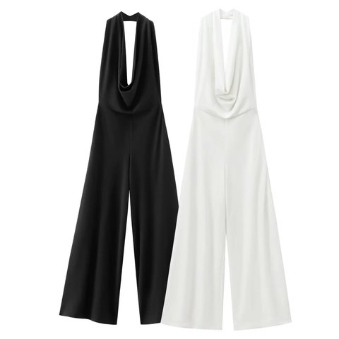 Mono de Mujer con Cuello Halter Cowl Sin Espalda Cintura Alta Color Sólido Elegante de Verano Sin Mangas Pierna Ancha