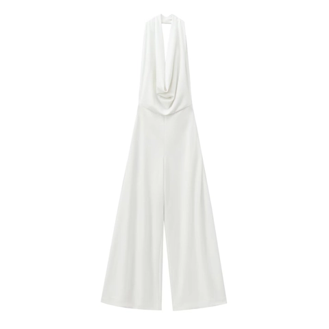Mono de Mujer con Cuello Halter Cowl Sin Espalda Cintura Alta Color Sólido Elegante de Verano Sin Mangas Pierna Ancha