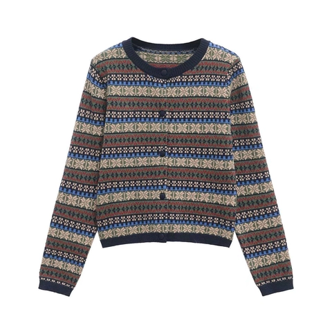 Cárdigan de Punto Vintage Fair Isle para Mujer Suéter Jacquard Geométrico de Manga Larga con Cuello Redondo y Botones