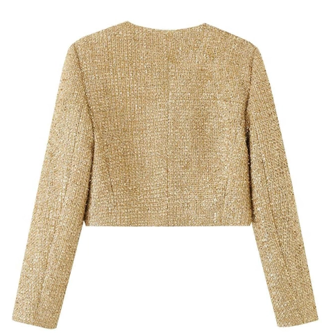 Women Elegant Gold Metallic Tweed Jacket Round Neck Cropped Short Coat Office Daily Wear One Button Blazer