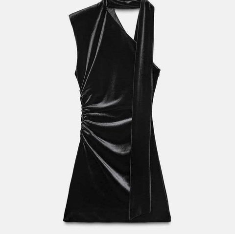 Elegant Black Velvet One Shoulder Ruched Midi Dress For Women Asymmetric Sleeveless Neck Tie Slim Fit Party Club Dress