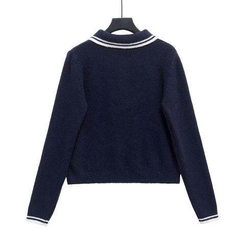 Women Contrast Stripe Knit Polo Sweater Long Sleeve Navy Blue Pullover Preppy Style Autumn Winter Commuter Knitwear Top