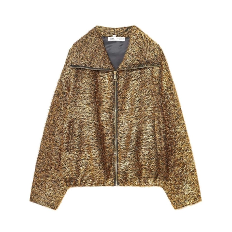 Chaqueta Bomber de Hilo Metálico para Mujer Solapa Holgada Cremallera Oro Tweed Ropa de Abrigo Corta Purpurina Flecos Fiesta Abrigo de Moda