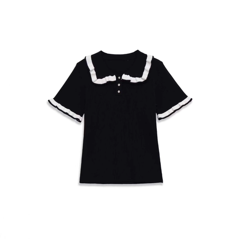 Women French Style Peter Pan Collar Ribbed Knit Short Sleeve Shirt Elegant Contrast Color Ruffle Trim Button Knit Top