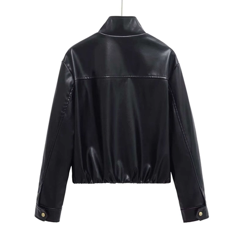 Women Faux Leather Jacket Casual Stand Collar Short Cropped PU Coat With Metal Zipper Gold Snaps Loose Fit Outerwear Black