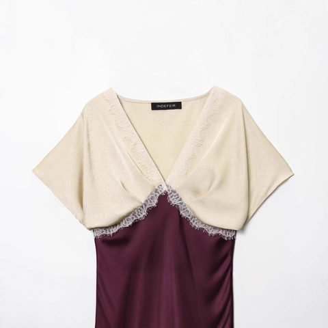 Vestido Maxi de Satén Elegante para Mujer Patchwork de Encaje Cuello en V Manga Corta Color de Contraste Splicing Vestido Largo Línea A