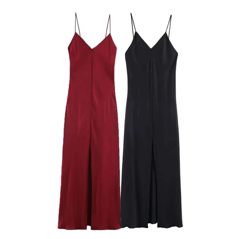 Damen Elegantes Satin Midi-Kleid Sexy V-Ausschnitt Spaghetti-Träger Vorderer Schlitz Ärmellos Einfarbig Abendgesellschaft Kleid