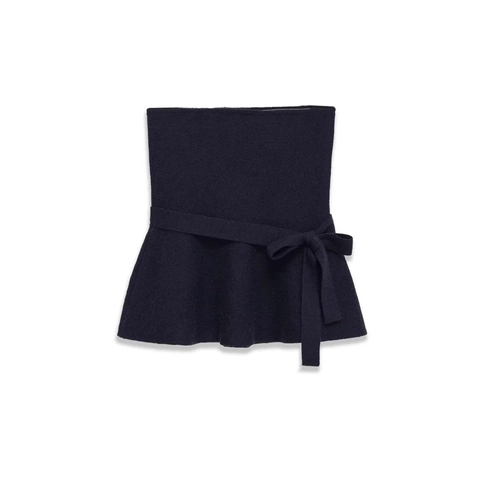 Women Fashion Strapless Navy Blue Peplum Tube Top With Bow Belt Ruffled Hem Sexy Commuter Knit Bandeau Top