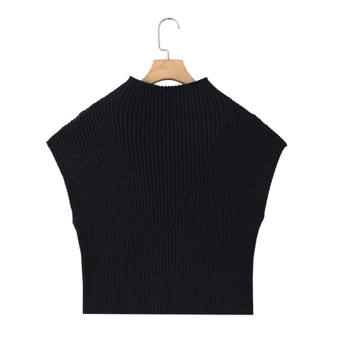 Women Mock Neck Sleeveless Ribbed Knit Tank Top Solid Color Casual Slim Fit Vest Knitwear Summer Top