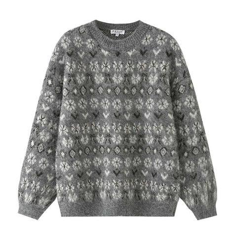 Suéter de Punto Jacquard con Cuello Redondo para Mujer Vintage Fair Isle Patrón Geométrico Manga Larga Top de Punto