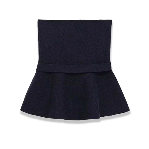 Women Fashion Strapless Navy Blue Peplum Tube Top With Bow Belt Ruffled Hem Sexy Commuter Knit Bandeau Top