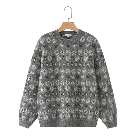 Suéter de Punto Jacquard con Cuello Redondo para Mujer Vintage Fair Isle Patrón Geométrico Manga Larga Top de Punto