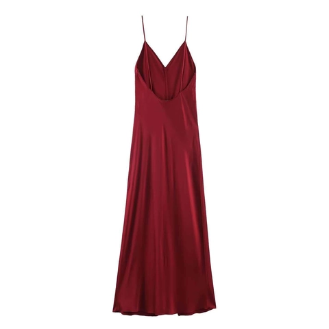 Damen Elegantes Satin Midi-Kleid Sexy V-Ausschnitt Spaghetti-Träger Vorderer Schlitz Ärmellos Einfarbig Abendgesellschaft Kleid