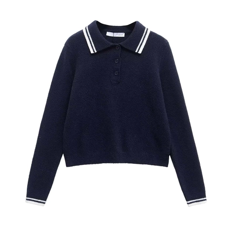 Women Contrast Stripe Knit Polo Sweater Long Sleeve Navy Blue Pullover Preppy Style Autumn Winter Commuter Knitwear Top