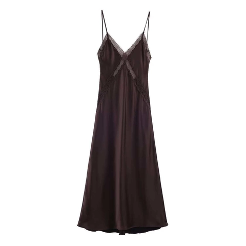 Damen Sexy Satin Spitze Patchwork V-Ausschnitt Spaghetti-Träger Midikleid Elegant Rückenfrei Einfarbig Slip Kleid Für Party