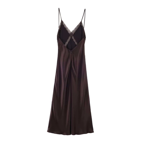 Damen Sexy Satin Spitze Patchwork V-Ausschnitt Spaghetti-Träger Midikleid Elegant Rückenfrei Einfarbig Slip Kleid Für Party