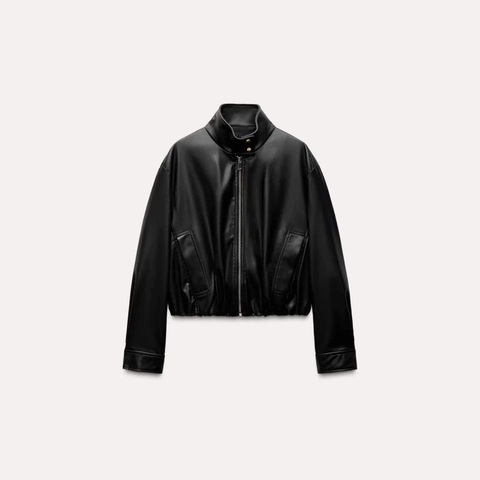 Women Faux Leather Jacket Casual Stand Collar Short Cropped PU Coat With Metal Zipper Gold Snaps Loose Fit Outerwear Black
