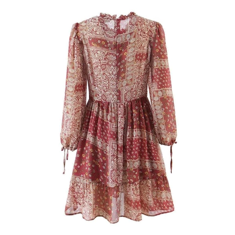 Damen Retro Paisley Druck Böhmisches Midi Kleid Gesmokte Taille Rüschen Stehkragen Langarm Tunnelzug Manschette Mode Kleid