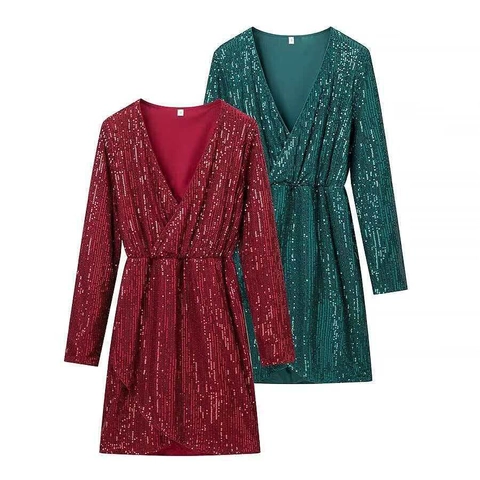 Damen Tiefem V-Ausschnitt Pailletten Langarm Wickel Midi Kleid Elegant Glitzernd Geraffte Taille Party Abend Cocktail Kleider