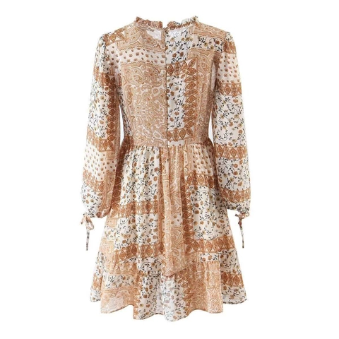 Damen Retro Paisley Druck Böhmisches Midi Kleid Gesmokte Taille Rüschen Stehkragen Langarm Tunnelzug Manschette Mode Kleid