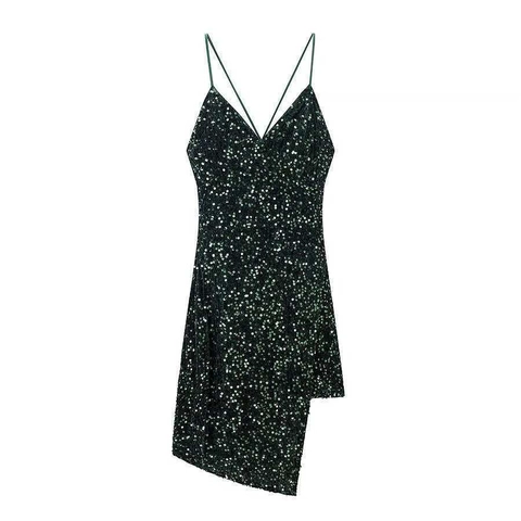 Women Sexy Sequin Spaghetti Strap Mini Dress Dark Green V Neck Irregular Hem Backless Party Evening Bodycon Dress