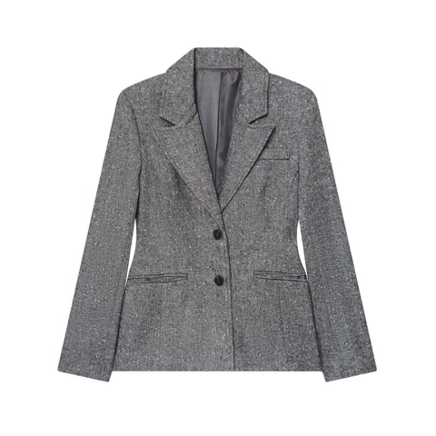 Dames Vintage Grijs Visgraat Tweed Blazer Gekerfde Revers Slanke Pasvorm Werk Kantoor Woon-werkverkeer Single-breasted Casual Jasje Bovenkleding