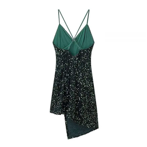 Women Sexy Sequin Spaghetti Strap Mini Dress Dark Green V Neck Irregular Hem Backless Party Evening Bodycon Dress