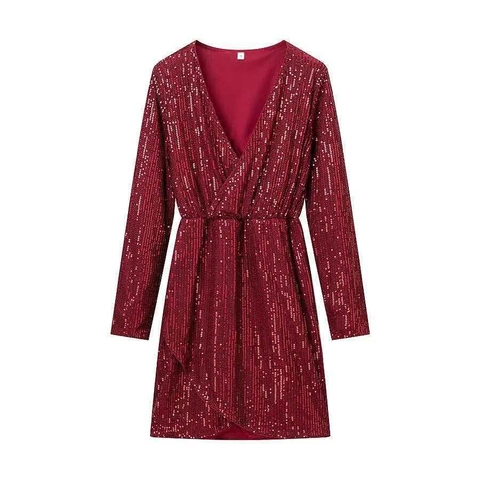 Damen Tiefem V-Ausschnitt Pailletten Langarm Wickel Midi Kleid Elegant Glitzernd Geraffte Taille Party Abend Cocktail Kleider