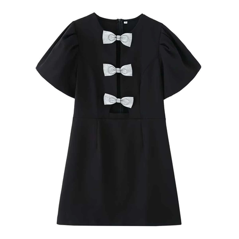 Women Elegant Black Mini Dress Rhinestone Bow Cutout Puff Sleeve Short Slim Fit Summer Cocktail Party Club Evening Dress