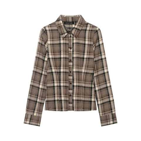 Camicia a Maniche Lunghe a Quadri Elegante da Donna Casual con Revers Monopetto con Bottoni Autunno Pendolare Ufficio Marrone