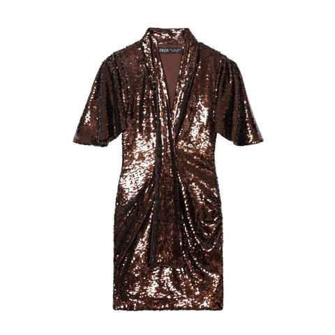 Abito Mini da Donna Sexy in Paillettes Marrone Caramello Scollo a V Manica Corta Aderente Arricciato per Party Club Abito Corto Scintillante