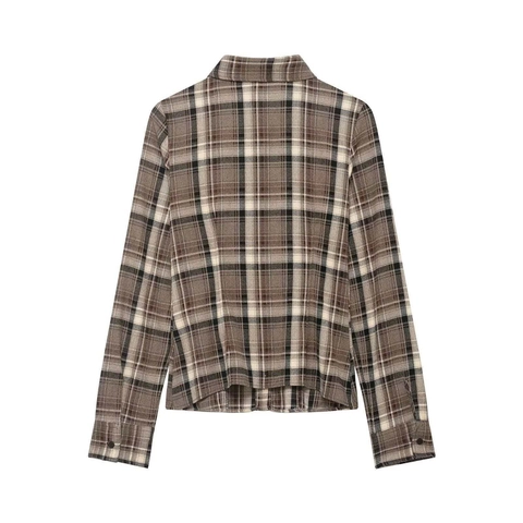 Camicia a Maniche Lunghe a Quadri Elegante da Donna Casual con Revers Monopetto con Bottoni Autunno Pendolare Ufficio Marrone
