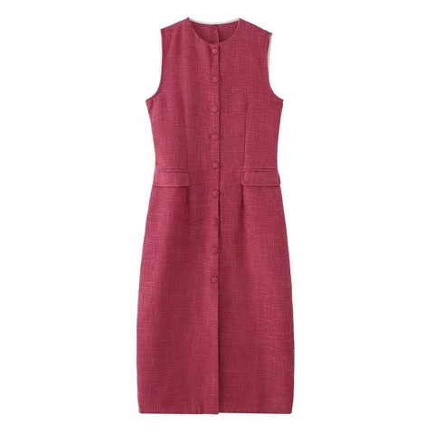Vestido Midi de Tweed Elegante para Mujer Sin Mangas Cuello Redondo Botonadura Sencilla Ajustado Color Sólido Vintage Commute