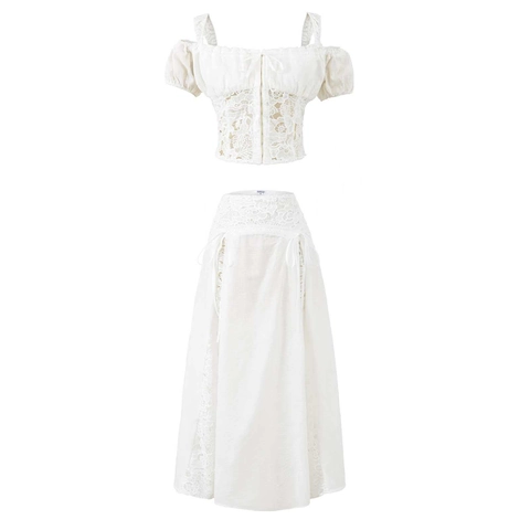 Women's Sexy White Lace Patchwork Two Piece Set Off Shoulder Crop Top And High Waist A-Line Maxi Skirt Vacation Party Outfit