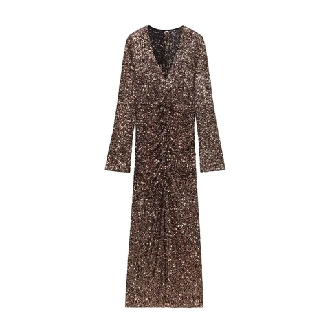 Damen Elegant Tiefer V-Ausschnitt Pailletten Maxikleid Langarm Gerafft Schlanke Passform Gold Bronze Abend Party Bankett Bodycon Kleid