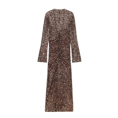 Damen Elegant Tiefer V-Ausschnitt Pailletten Maxikleid Langarm Gerafft Schlanke Passform Gold Bronze Abend Party Bankett Bodycon Kleid