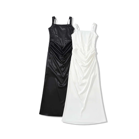 Damen Elegant Satin Korsett Maxikleid Viereckiger Ausschnitt Gerafft Ärmellos Verstellbare Träger Schnürung Party Langes Kleid