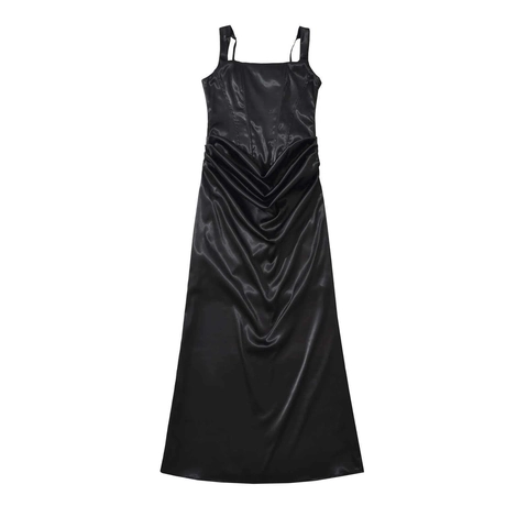 Damen Elegant Satin Korsett Maxikleid Viereckiger Ausschnitt Gerafft Ärmellos Verstellbare Träger Schnürung Party Langes Kleid