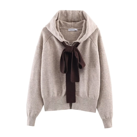 Cárdigan de Punto Casual para Mujer Con Capucha Lazo de Contraste Cremallera Frontal Manga Larga Color Sólido Top de Punto