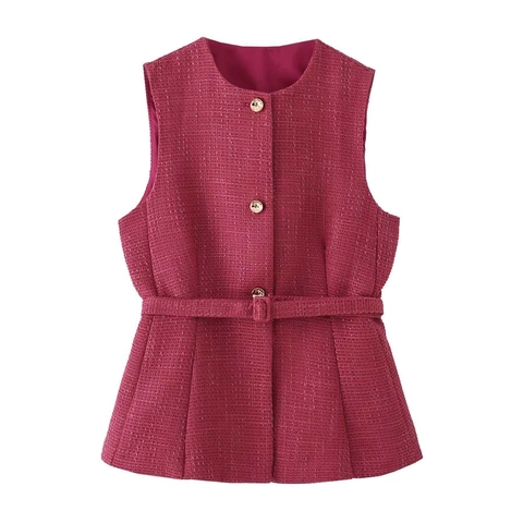 Damen Elegant Tweed Ärmellos Weste Top Rosenrot Rundhalsausschnitt Einreihig Taillengürtel Weste Für Pendler Party Mode