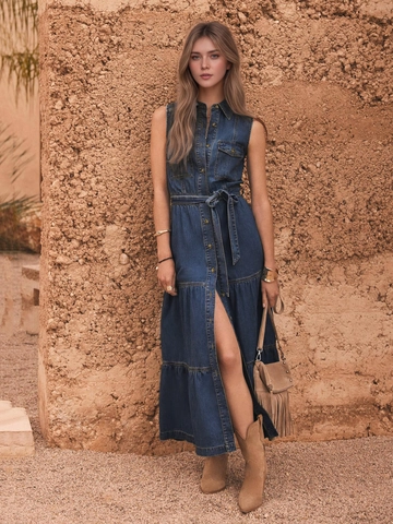 Damen Ärmelloses Kleid In Denim Optik Maxi Lang Geschichteter Rock Mit Gürtel Elegant Freizeit Sommerkleid Mit Umlegekragen Knopfleiste