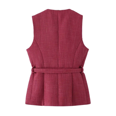 Damen Elegant Tweed Ärmellos Weste Top Rosenrot Rundhalsausschnitt Einreihig Taillengürtel Weste Für Pendler Party Mode