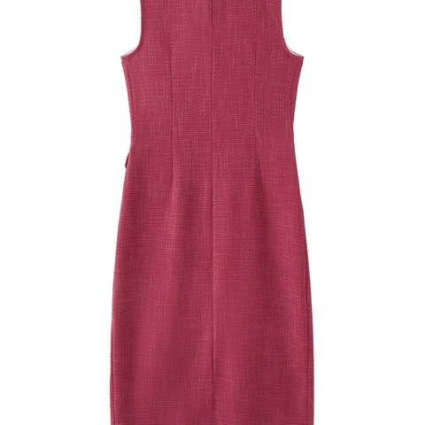 Vestido Midi de Tweed Elegante para Mujer Sin Mangas Cuello Redondo Botonadura Sencilla Ajustado Color Sólido Vintage Commute