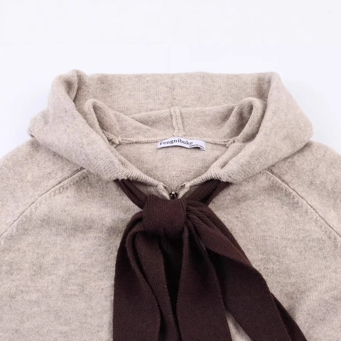 Cárdigan de Punto Casual para Mujer Con Capucha Lazo de Contraste Cremallera Frontal Manga Larga Color Sólido Top de Punto