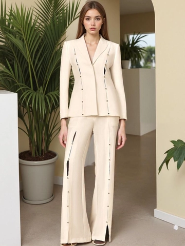 Damen Elegantes Einfarbiges Blazer Und Hosen Anzug Set Metallknopf Dekor Ausschnitt Design Business Top Und Bottom