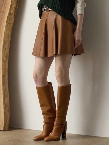 Vintage PU Leather A-Line Mini Skirt With Belt High Waist Solid Color Faux Leather Short Skirt For Women Fashion Skirt