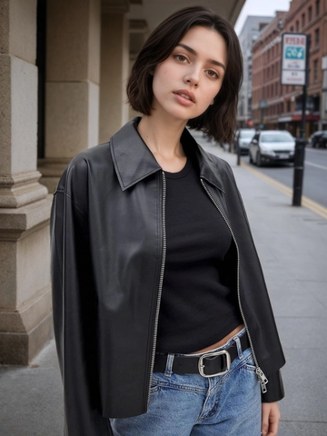 Veste en Cuir PU Mode pour Femme Col à Revers Fermeture Éclair Court Manteau Biker Avec Poches Streetwear Cool pour Automne Hiver