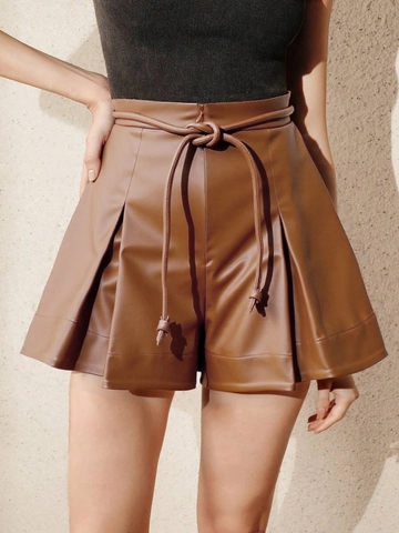 Women High Waist PU Leather Culottes Vintage Caramel Brown Tie Up Pleated Wide Leg Shorts Skirt Fashion Commuter Bottoms