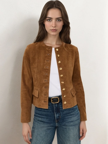 Chaqueta Corta de Gamuza para Mujer Cuello Redondo Botones Dorados Color Sólido Marrón Caramelo Elegante Moda de Otoño Abrigo Casual